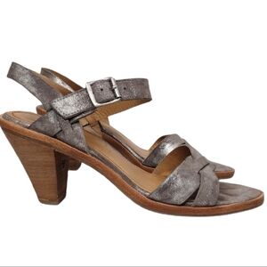Trask Pewter Boho Mettalic Leather Ankle Strap Stacked Heel Sandals